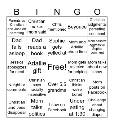 Snider Thanksgiving Bingo Card