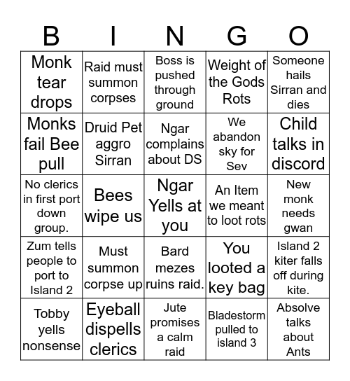 Plane of Sky Bingo Card