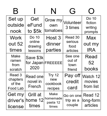 2020 Goals Bingo Card