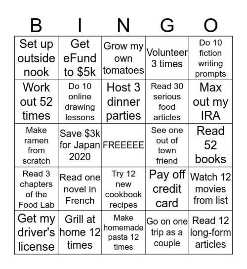2020 Goals Bingo Card