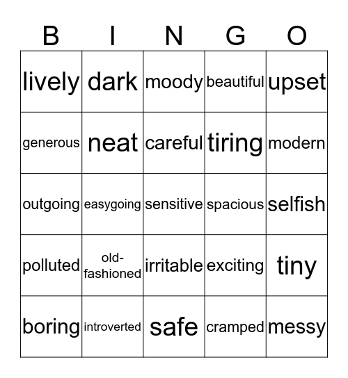 Adjective Bingo Card