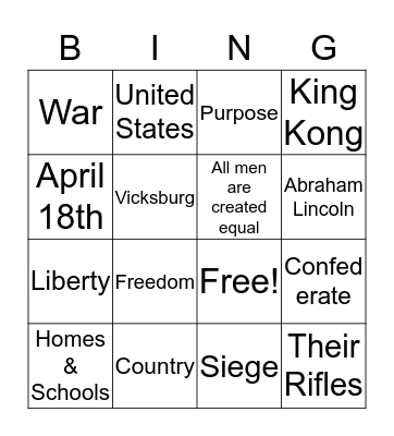 Civil War Bingo Card