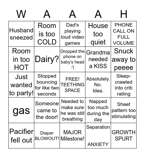 Why Did the Baby Wake Up? Bingo Card