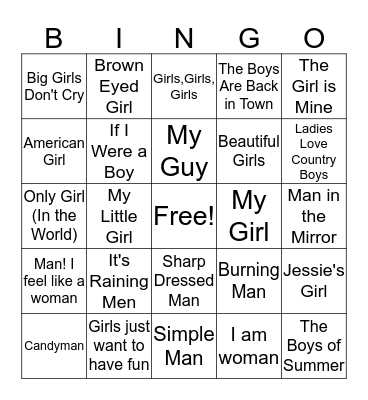 Girls vs. Boys Bingo Card