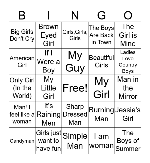 Girls vs. Boys Bingo Card