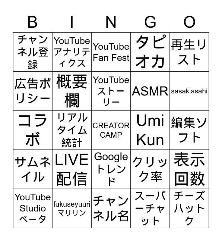 Creator Camp Bingo 19 Bingo Card