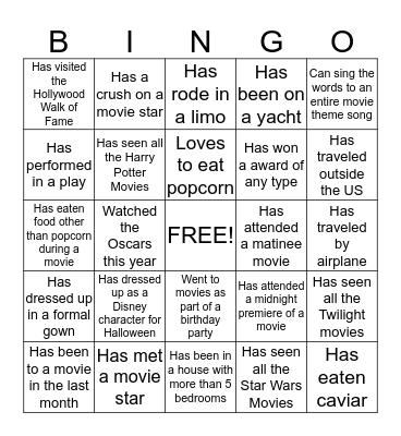 Movie Star Bingo Card