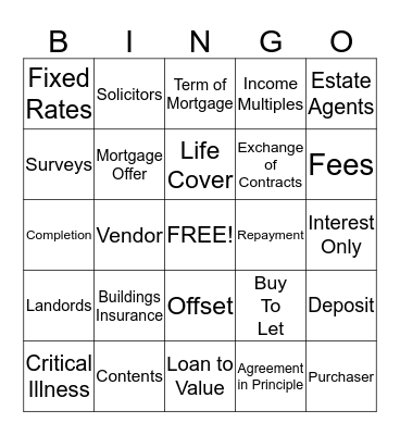 Barclays Mortgage Challenge Bingo Card
