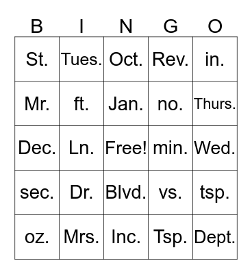 Abbreviations Bingo Card