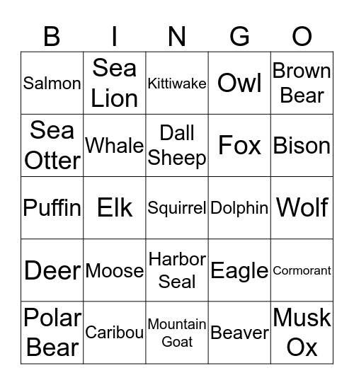 Alaska Bingo Card
