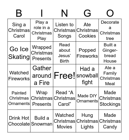 Christmas Experience Bingo Card