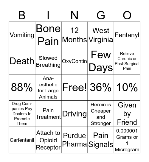 Opioid Bingo Project Bingo Card