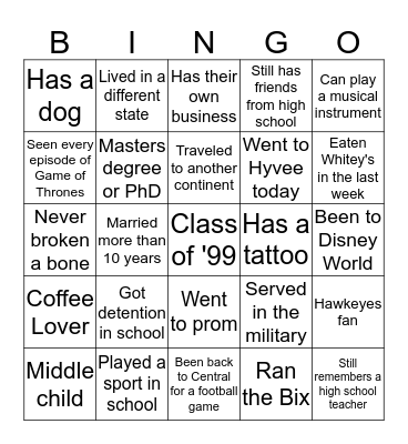 Davenport Central Reunion Bingo Card