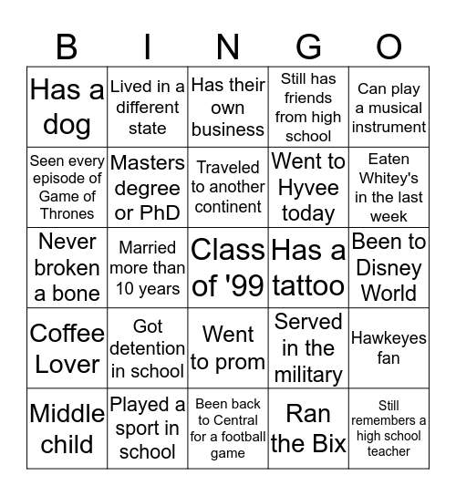 Davenport Central Reunion Bingo Card