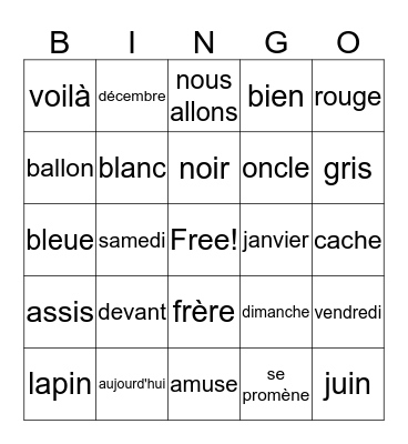 mots français Bingo Card