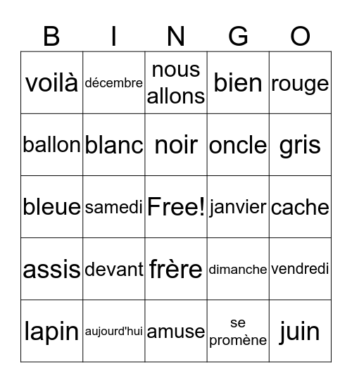 mots français Bingo Card