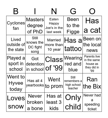 Davenport Central Reunion Bingo Card