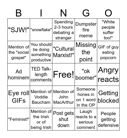 Online Reformed Discussion of Social Justice Bingo Card