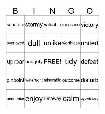 Vocabulary Bingo Card