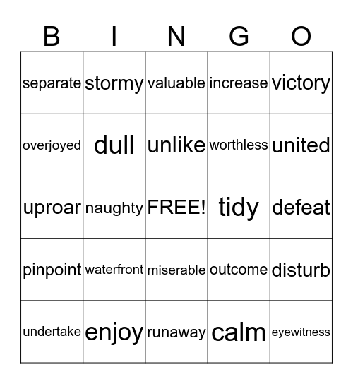 Vocabulary Bingo Card