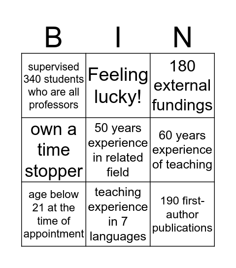 Academic Bingo Card