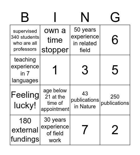 Academic Bingo Card
