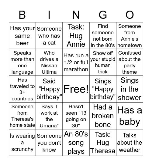 Annie and Theresa's Birthday Bash Bingo Card