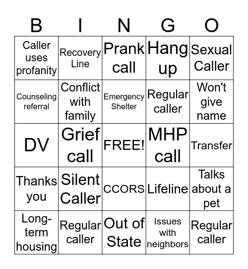 Crisis Line Bingo Card