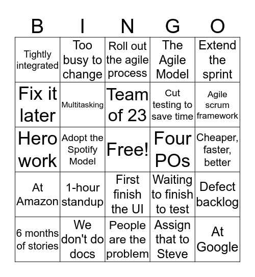 Dark Agile Bingo Card