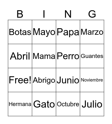 Espanol Bingo Card