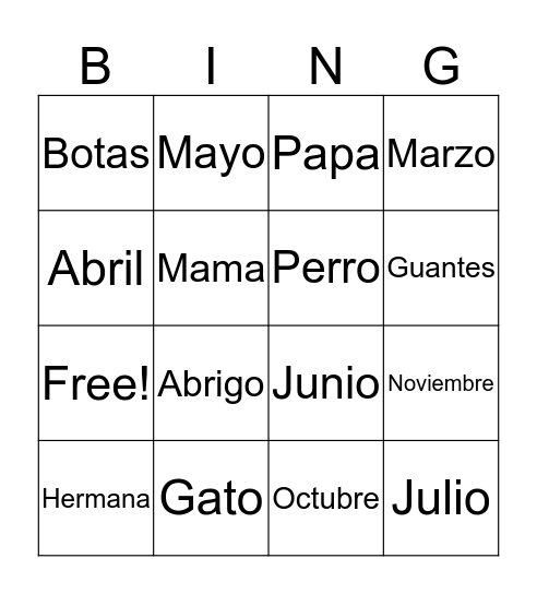 Espanol Bingo Card