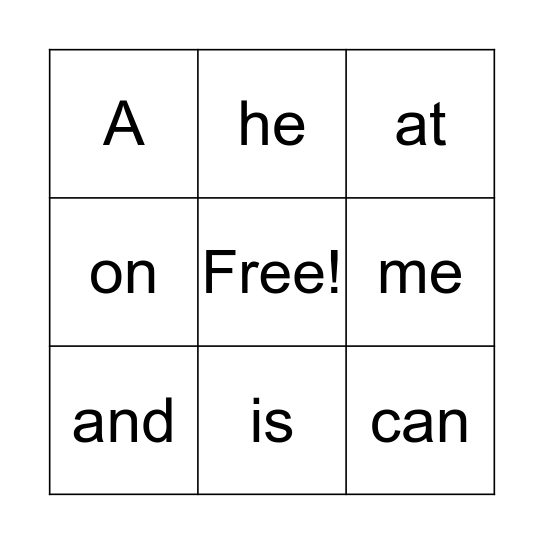 K-1 and 2 Sight Words Bingo Card