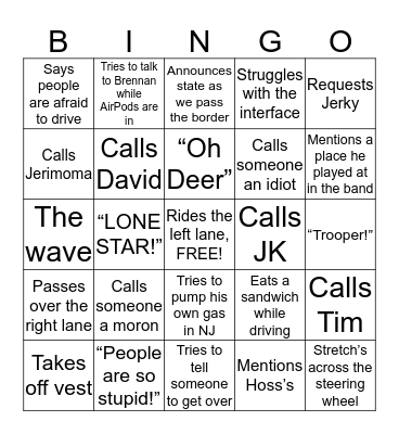 Road Trip With Dad Bingo Card