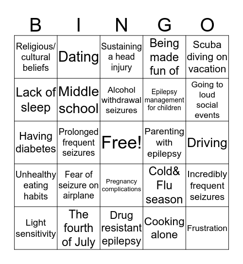 Epilepsy Patient Support Bingo Card