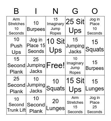 Fitness Bingo Card