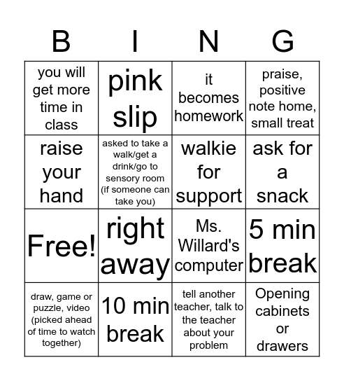 Routines/Expectations Bingo Card