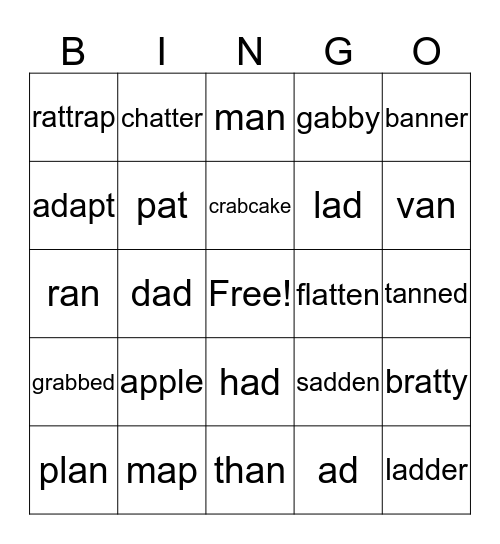 Short a Bingo Card