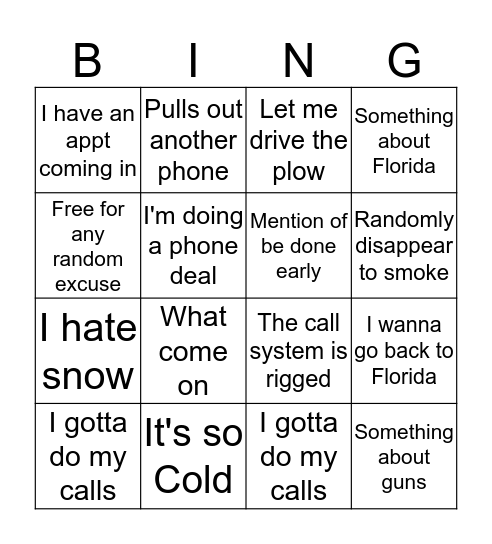 Corey Snow Removal Bingo Card