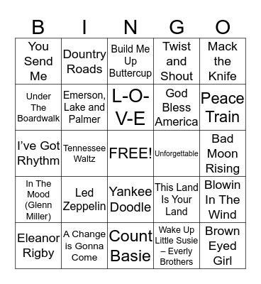 Favorite Song Bingo! Bingo Card