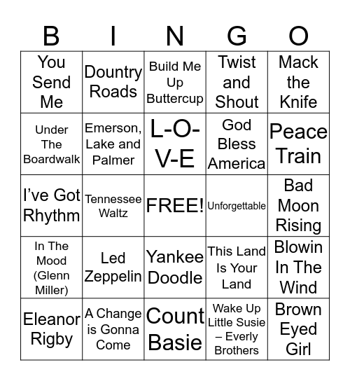 Favorite Song Bingo! Bingo Card