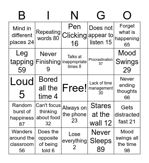 ADHD Bingo Card