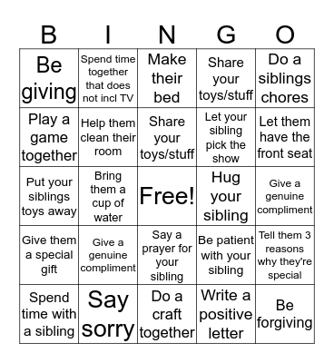 Sibling Challenge Bingo Card