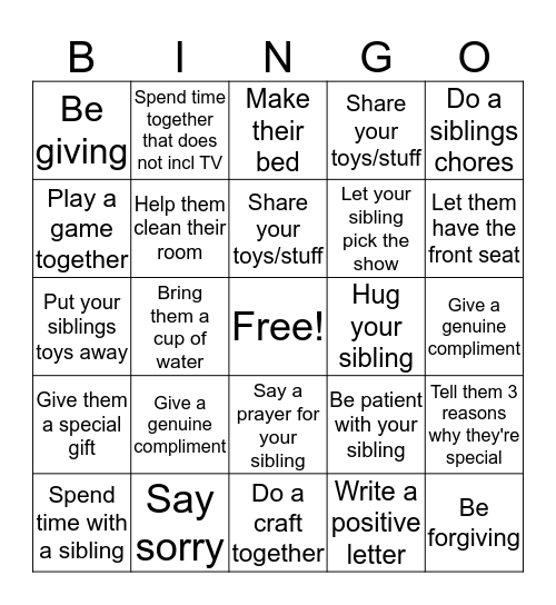 Sibling Challenge Bingo Card