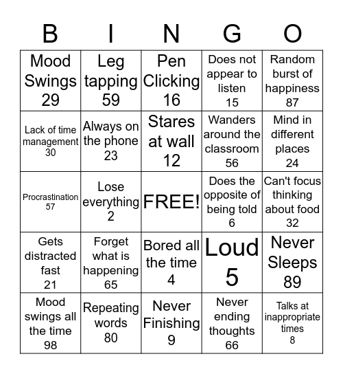 ADHD Bingo Card