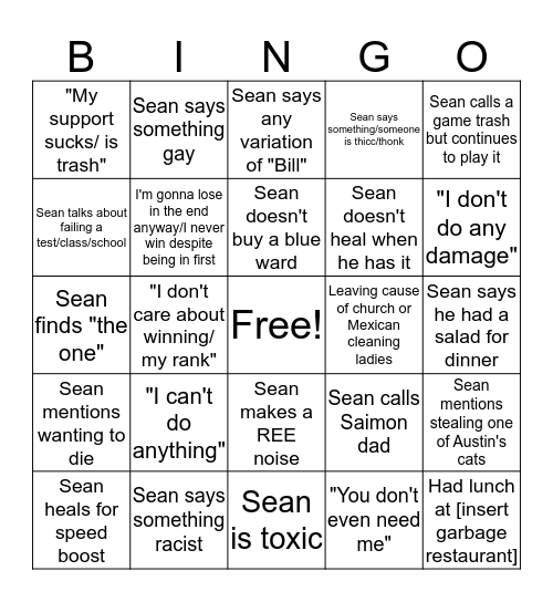 Offical Sean Mcgrath Bingo Board Bingo Card