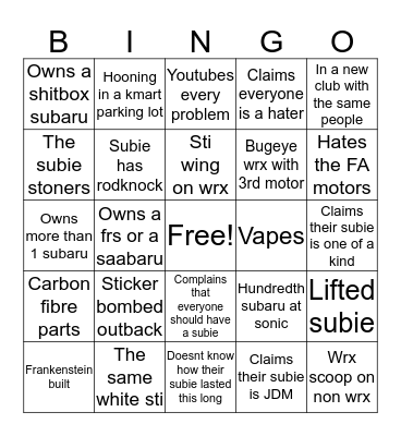 Colorado Subaru bingo Card