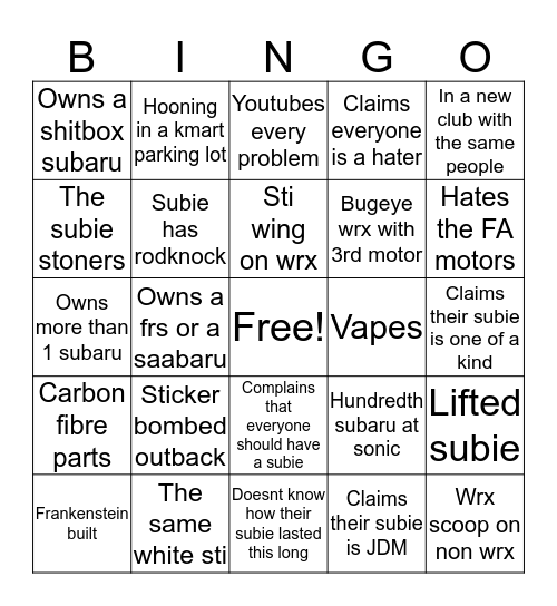 Colorado Subaru bingo Card