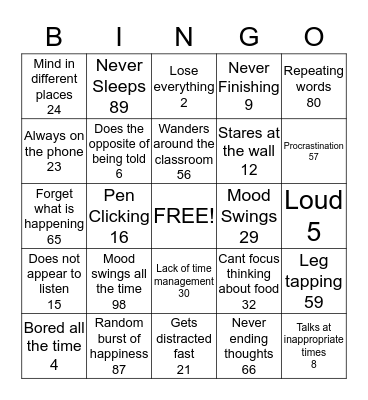 ADHD Bingo Card