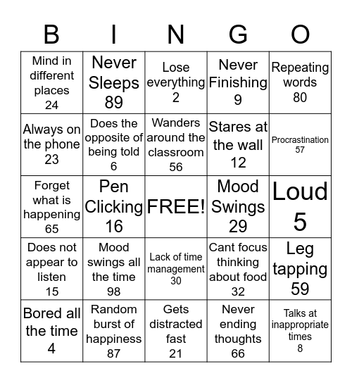 ADHD Bingo Card