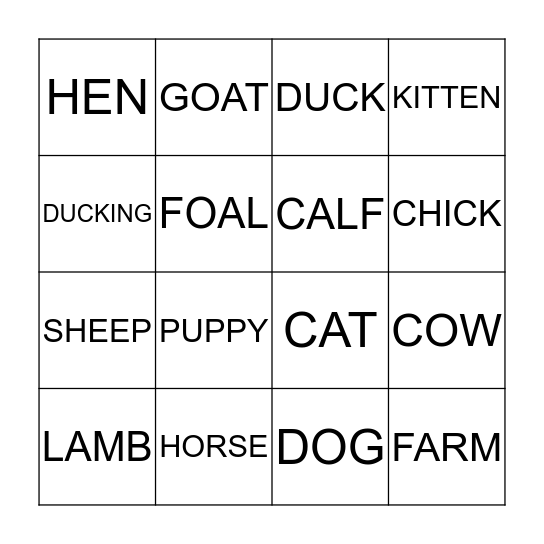 ANIMALS BINGO Card